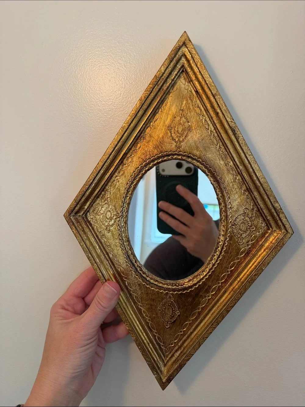 Vintage Italian Florentine Wood Gold Diamond Shape Mirror.